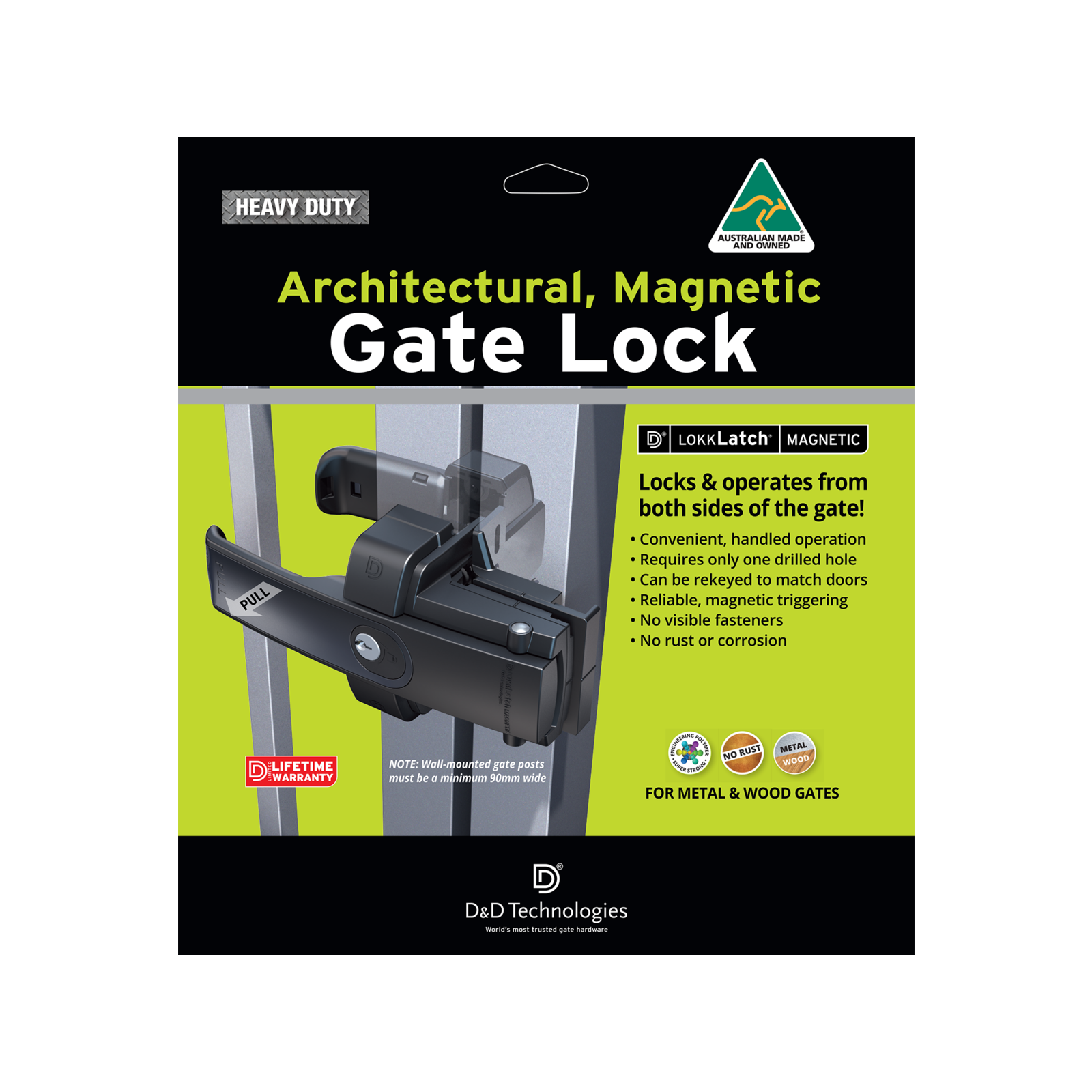D&D Technologies LokkLatch Magnetic Gate Lock, Black, Key Lockable Both Sides, Engineered Polymer
