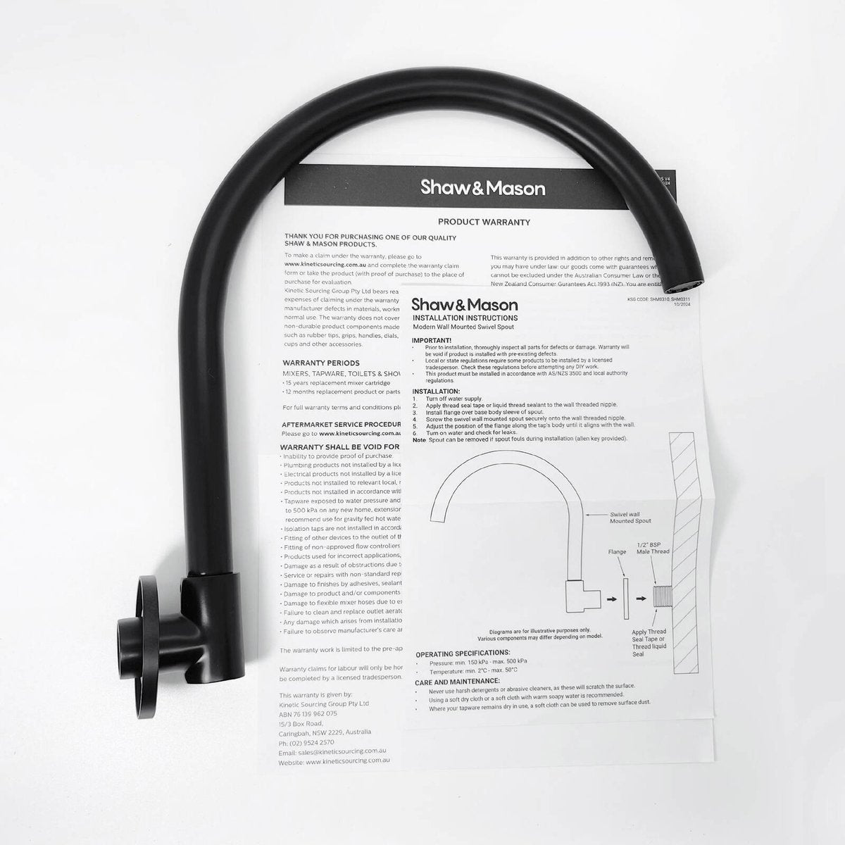 Shaw & Mason 250mm Matte Black Swivel Wall Mounted Spout 4 Star WELS 7.5L/min