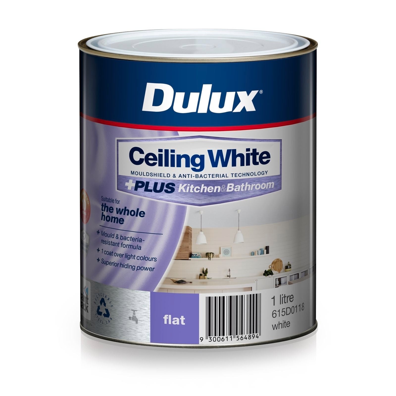 Dulux Ceiling White +PLUS Kitchen & Bathroom Paint 1L Flat Water-Based