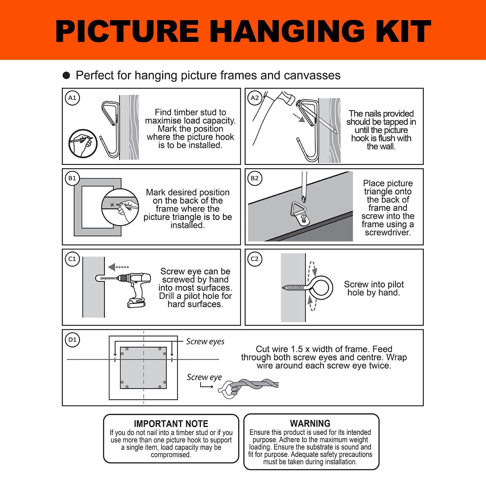 Everhang 20kg Heavy-Duty Picture Hanging Kit, Zinc Plated Steel, Hardware Included