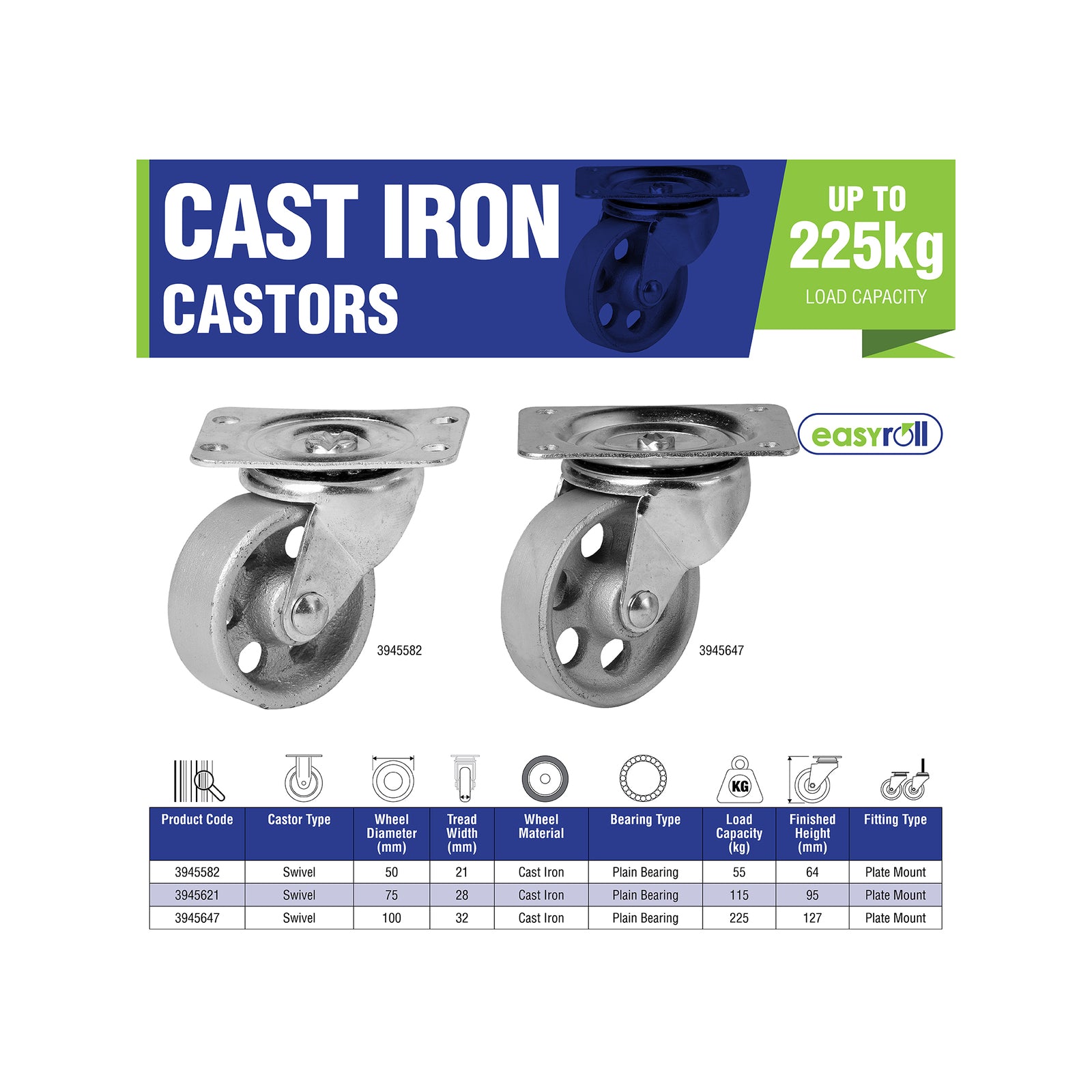 Easyroll 75mm Silver Cast Iron Swivel Plate Castor 115kg Indoor