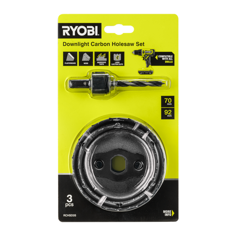 Ryobi 3 Piece Downlight Carbon Holesaw Set - 70mm & 92mm