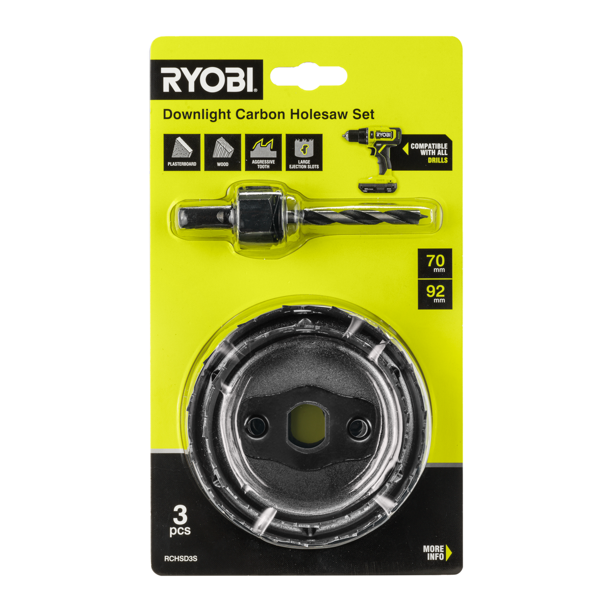 Ryobi 3 Piece Downlight Carbon Holesaw Set - 70mm & 92mm