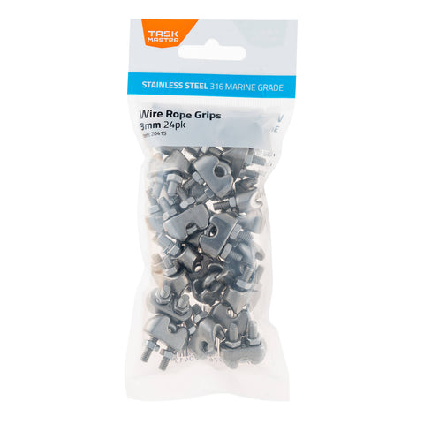 Taskmaster 3mm 316 Stainless Steel Wire Rope Grips - 24 Pack