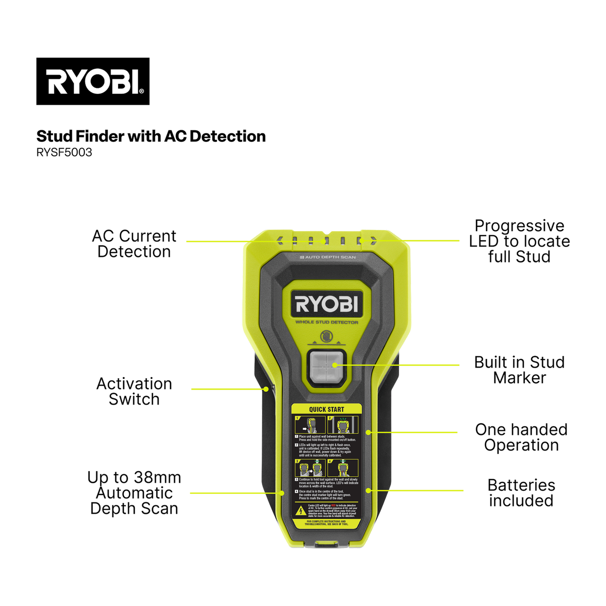 Ryobi Stud Finder RYSF5003 - Detects Timber, Metal & Wires - 38mm Deep - SuperSaverAU - view 2
