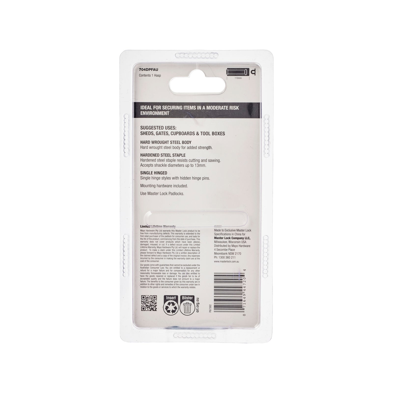 Master Lock 112mm Hard Wrought Steel Hasp and Staple