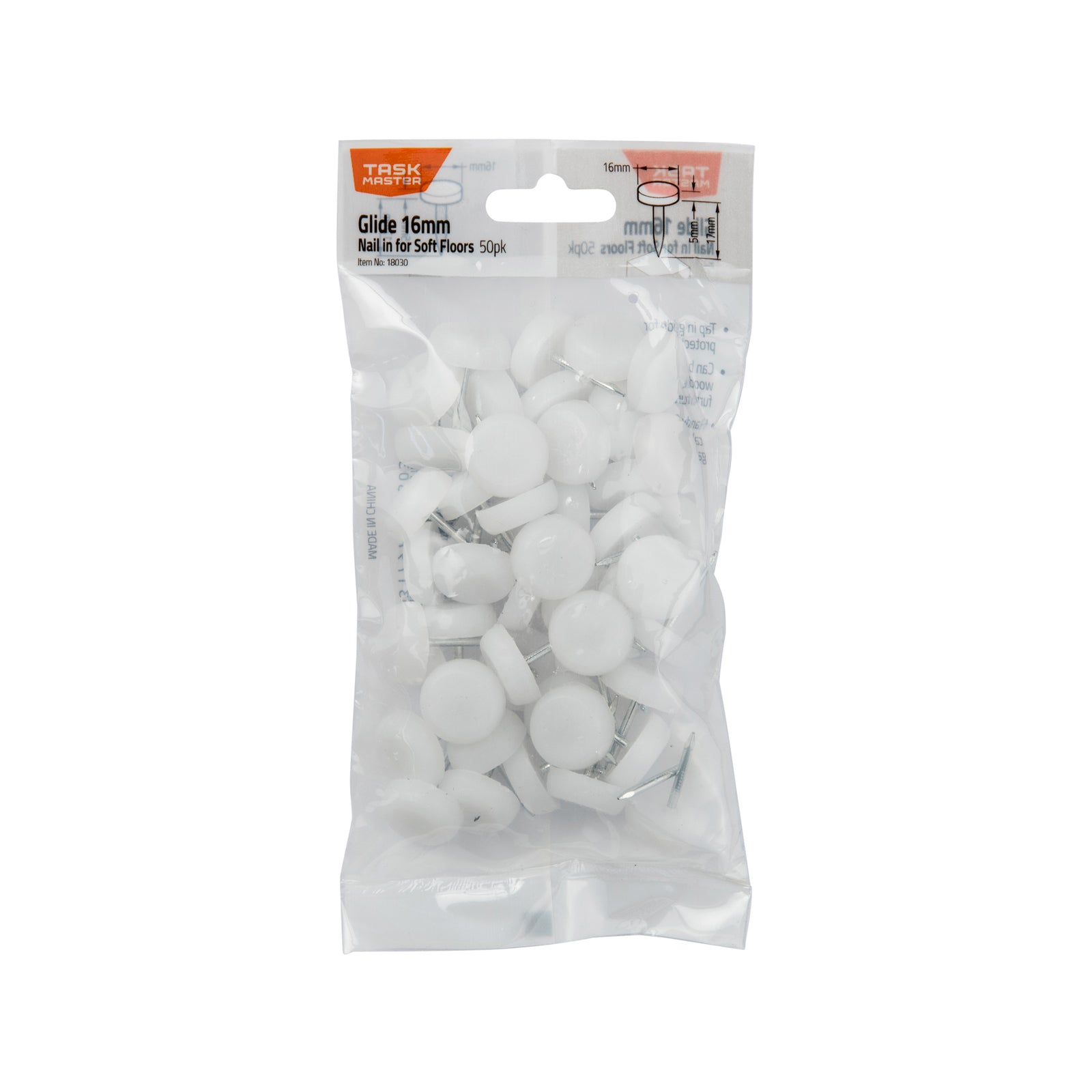 Taskmaster 16mm Nail In Slide Glide - 50 Pack Plastic
