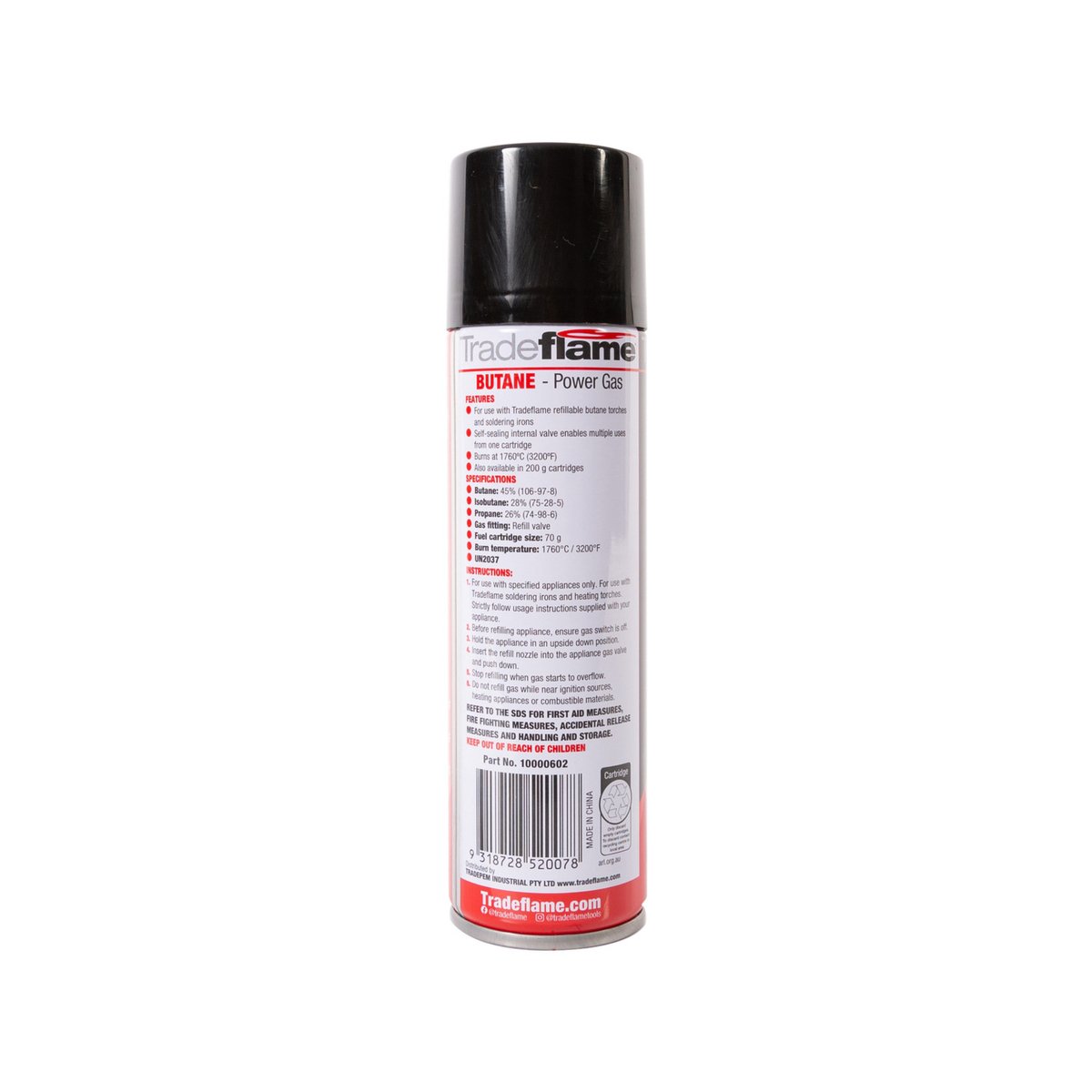 Tradeflame 70g Butane Gas Cartridge Refill Valve - High Temperature Fuel - SuperSaverAU - view 2