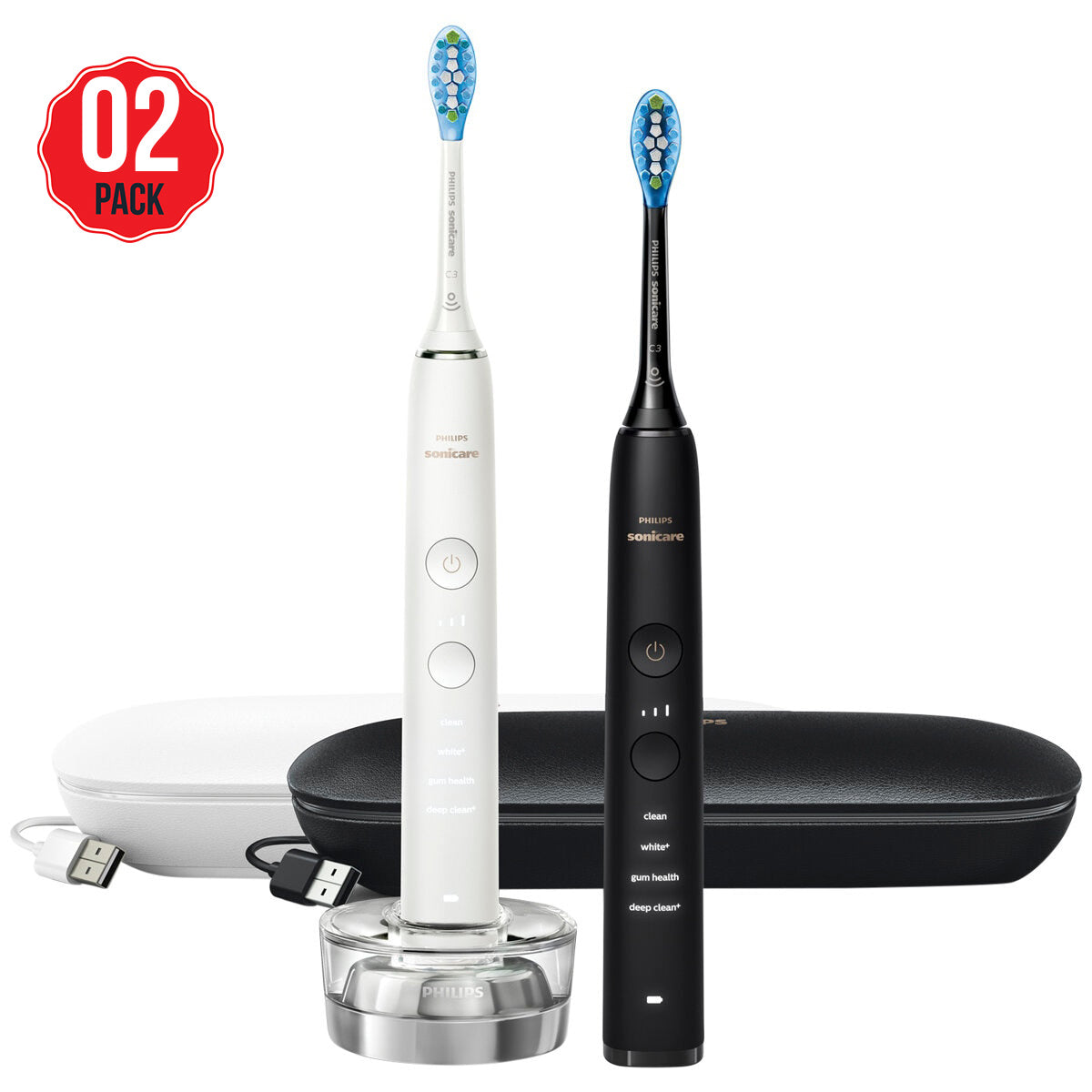 Philips Sonicare DiamondClean 9000 Black And White Electric Toothbrush 2 Pack HX9914/60 - SuperSaverAU - view 1