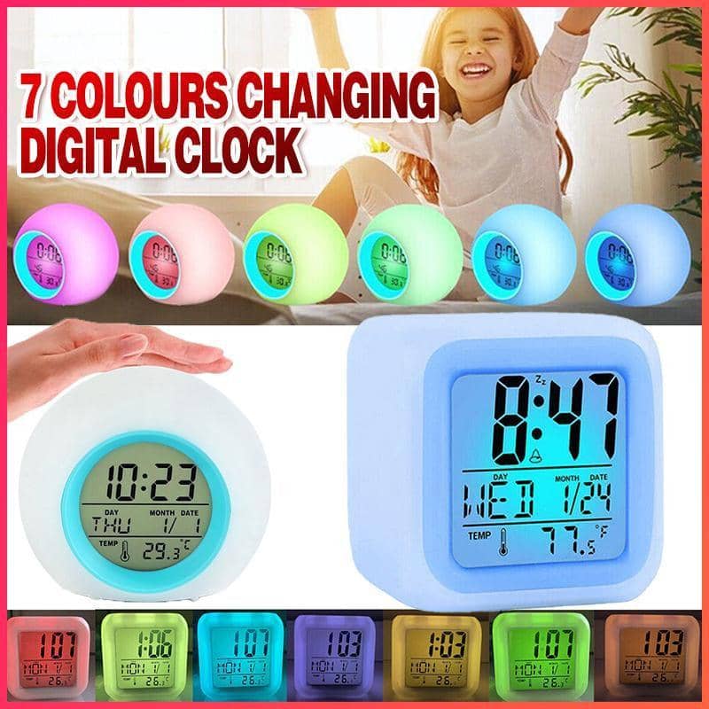 Digital Wake up Alarm Clock with 7 Light Colours and Temperature - Blue and White, Round - view 2