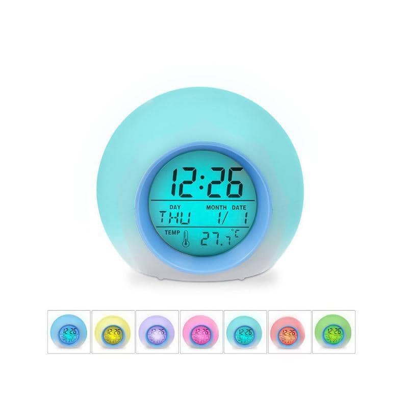 Digital Wake up Alarm Clock with 7 Light Colours and Temperature - Blue and White, Round - view 5