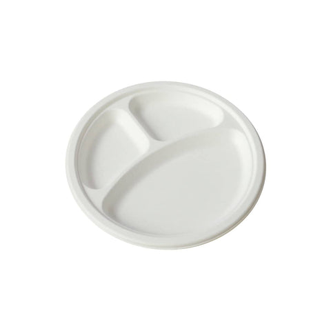 Disposable 3-Compartment Sugarcane Pulp Plates, Pack of 50 - 9 Inch (22.5 cm)
