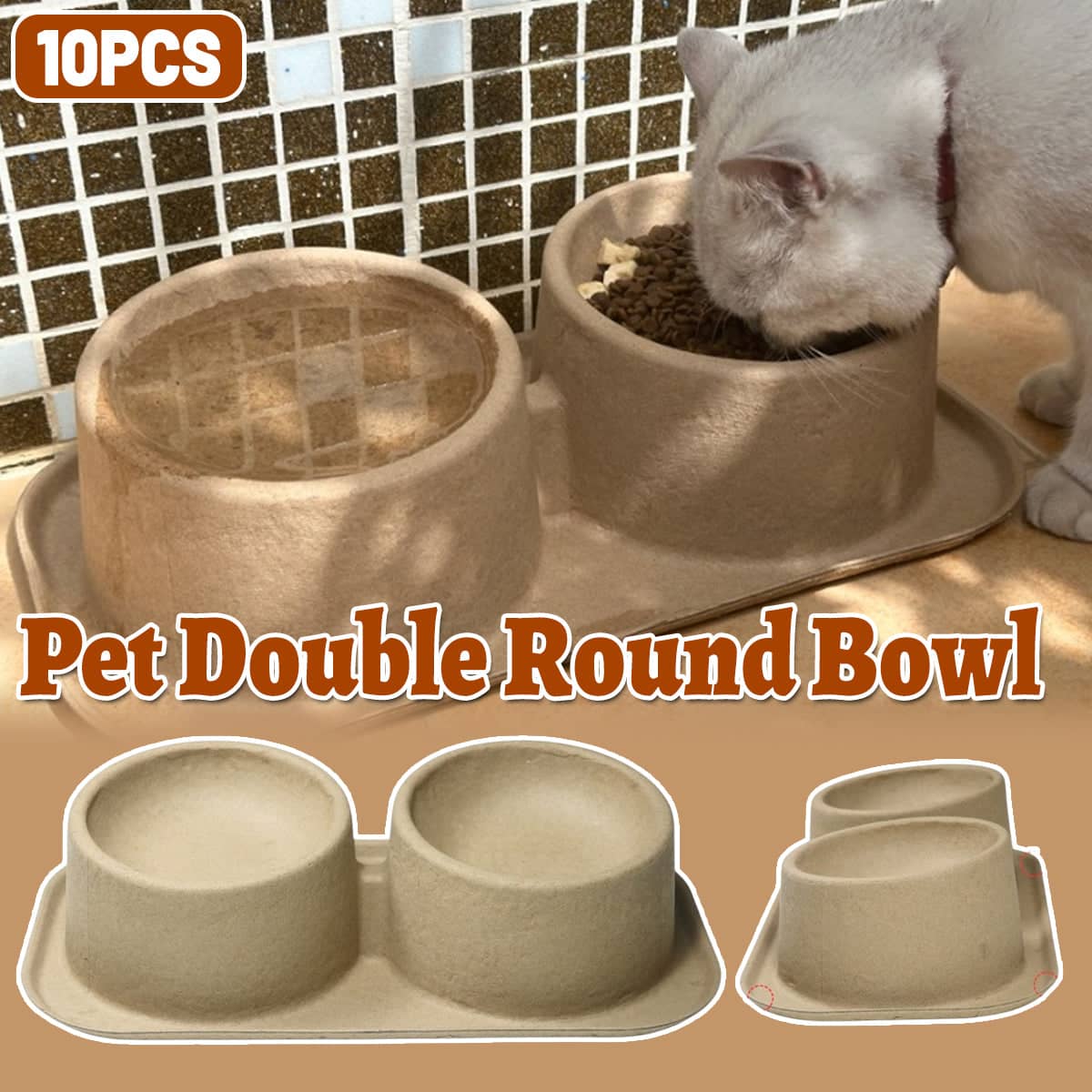 Disposable Cat and Dog Double Round Bowl Set, Raised Angled Feeder, Pack of 10