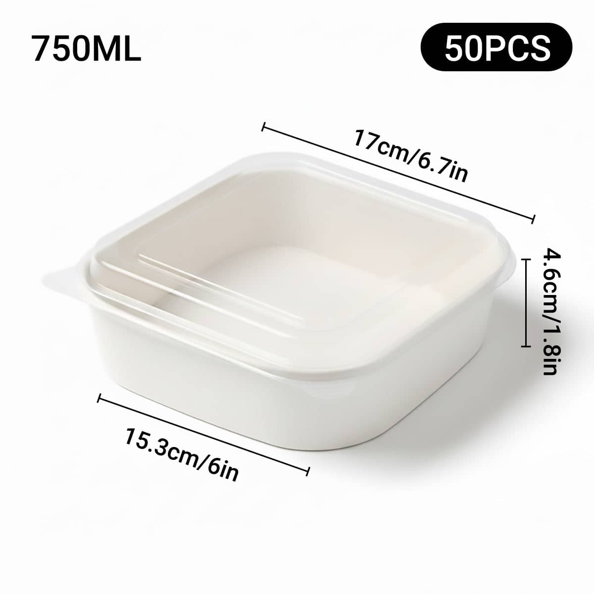 Disposable Square Food Containers with Lids 750ml - White, Pack of 50 - view 4