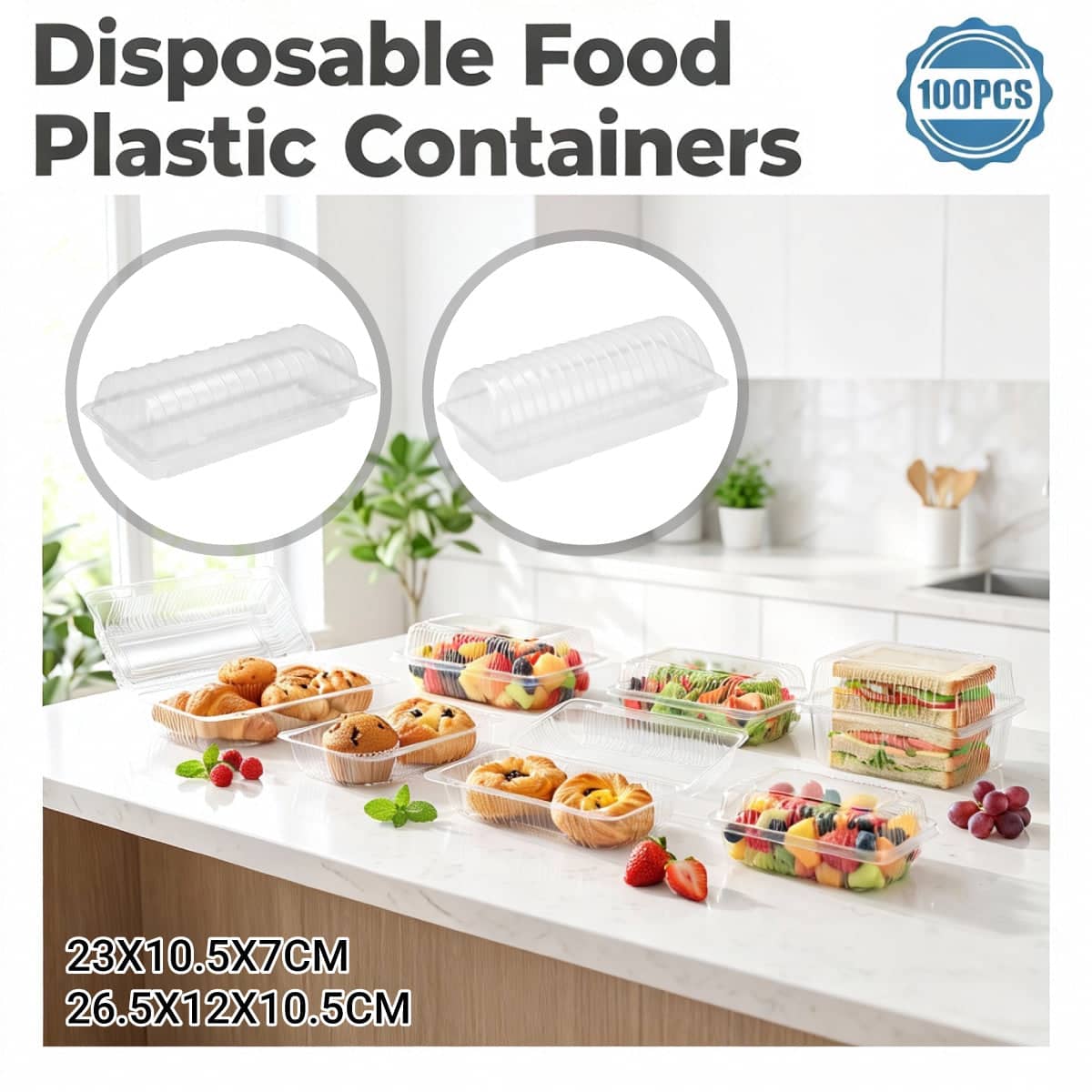 Disposable Transparent Food Grade Cake and Pastry Takeaway Box, Pack of 100 - 23 x 10.5 x 7 cm - view 2