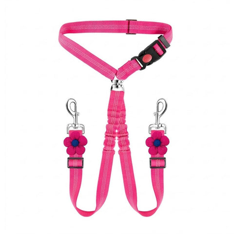 Dog Car Seatbelt Safety Leash Reflective Two-Way Bungee Restraint for Walking - Rose Red