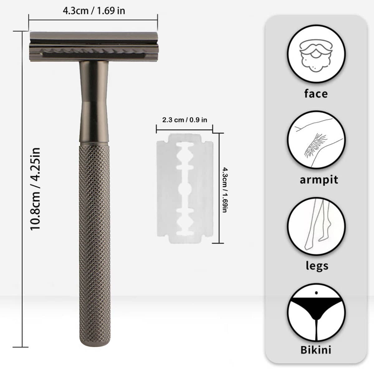 Double Edge Razor with 10 Blades, Manual Wet Shave, Diamond Grip Grey, 10.8 cm Handle - view 3