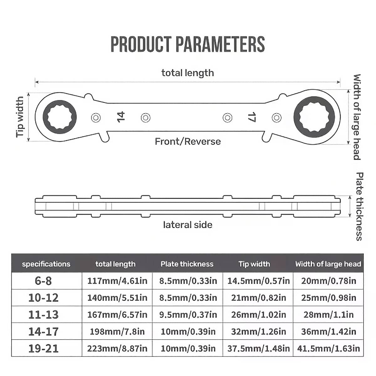 Double Head Ratchet Wrench Set, 5 Piece, 10 Sizes 6-21mm for Garage Tool Kit - view 3