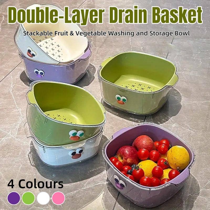 Double Layer Draining Basket Colander for Fruit and Vegetables - Lime Green - view 2