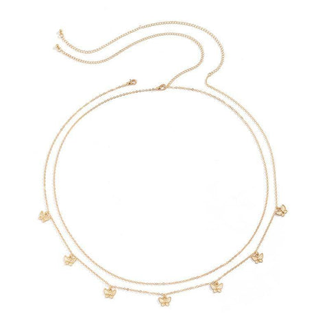 Double Layer Tassel Butterfly Waist Chain Body Chain - Gold