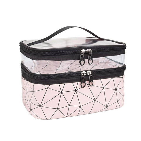 Double Layer Waterproof Cosmetic Bag with Clear Top - Light Pink