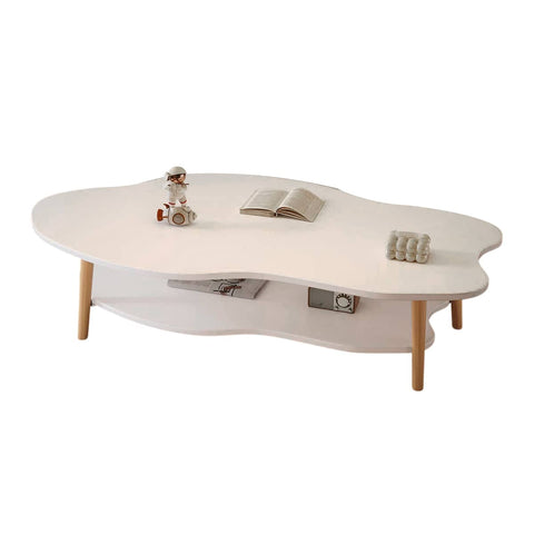 Double-Tier Modern Coffee Table with Wooden Legs - White