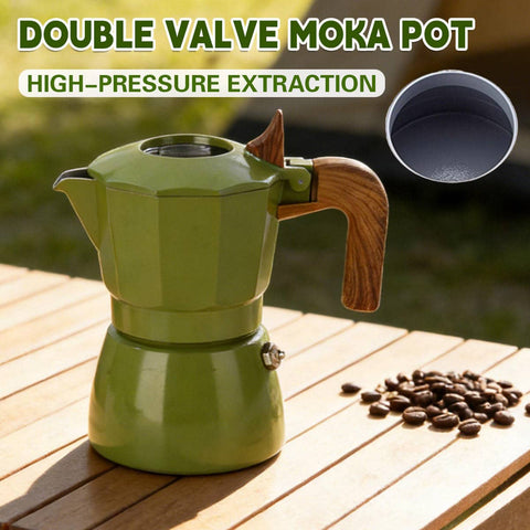 Double Valve Moka Pot Italian Espresso Maker Aluminium Green Wood Handle