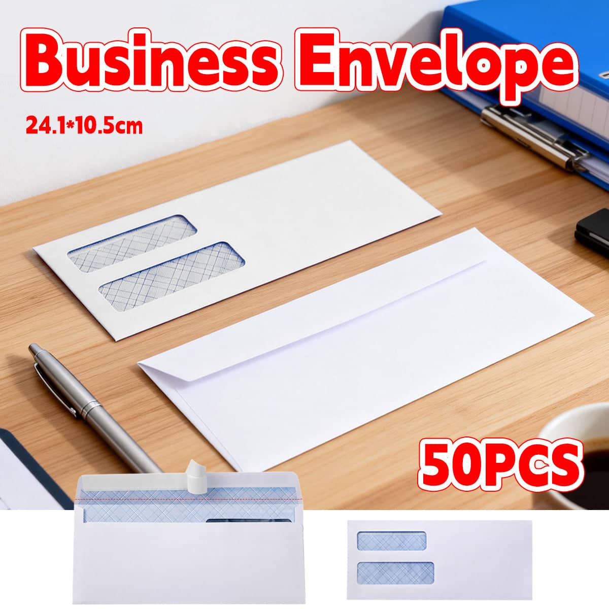 Double Window Business Envelopes White Peel and Seal Mailing Envelopes Pack of 50