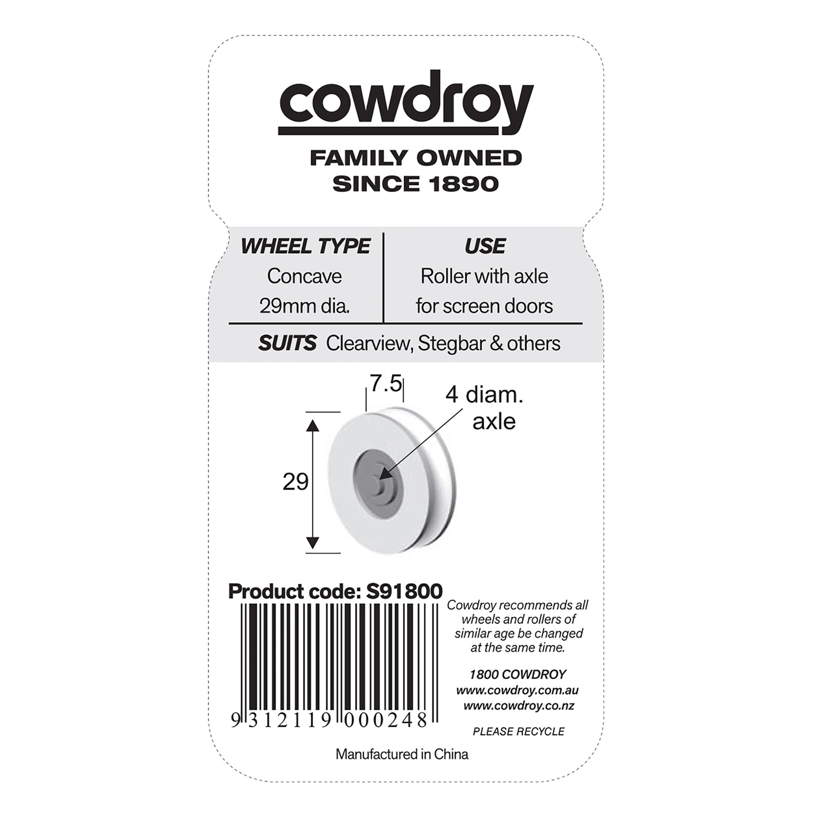 Cowdroy 29mm Nylon Security Flyscreen Track Wheel - White 2 Pack