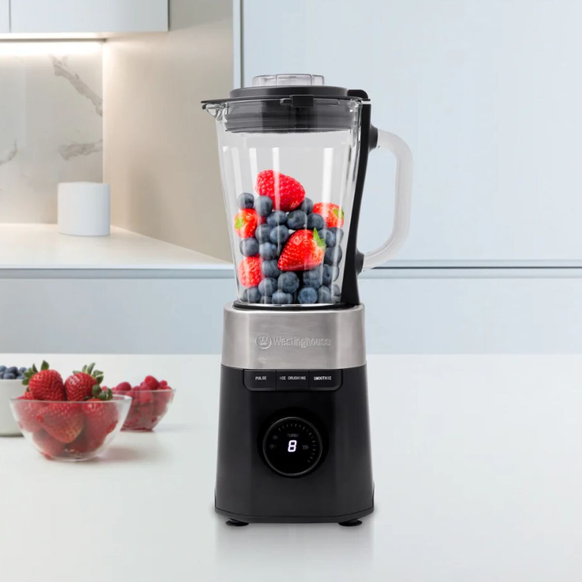 Westinghouse Blender 1.5L Glass Jug - Black with Stainless Steel Trim - 900W, 8 Speeds, Hex Blade - WHBL04K