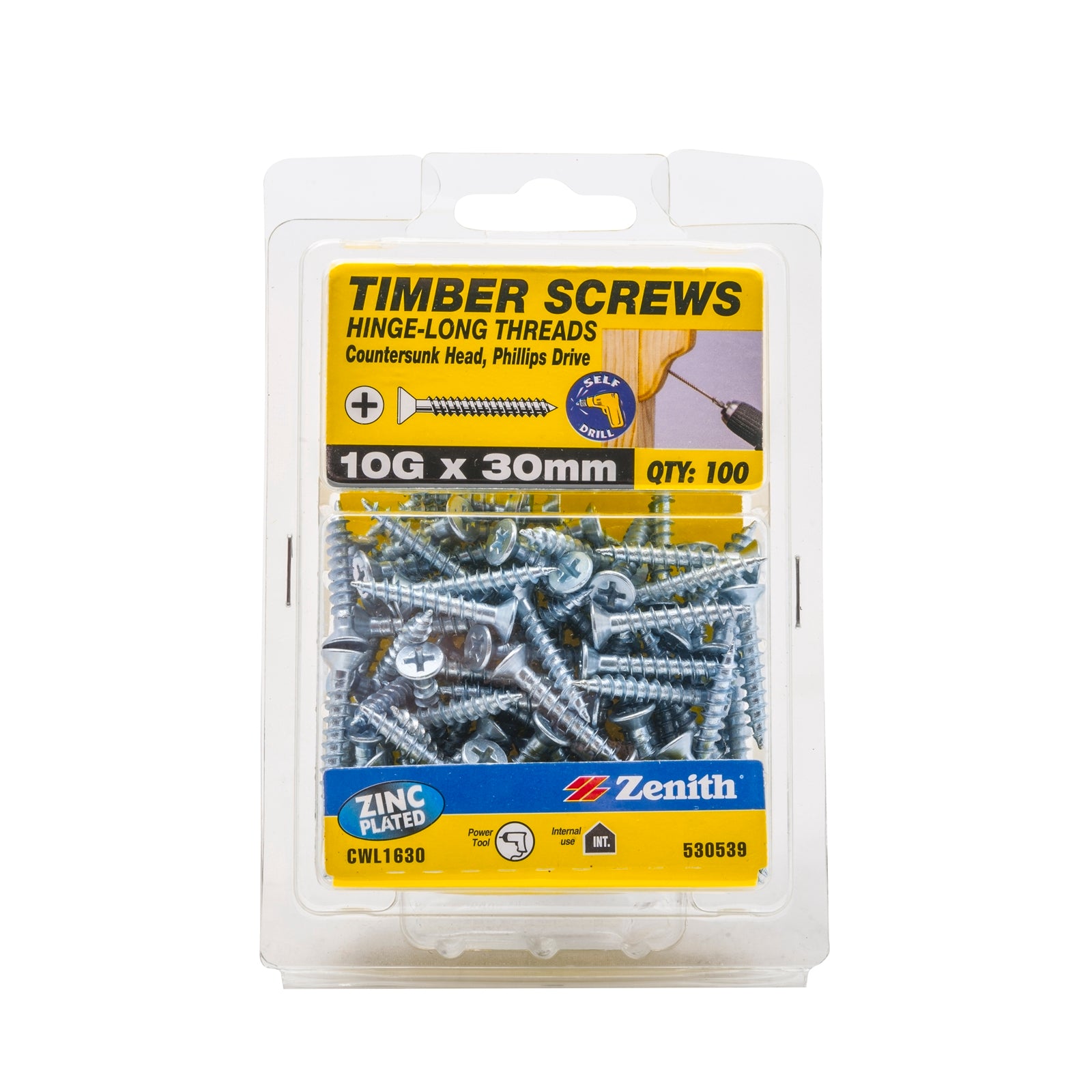 Zenith 10G x 30mm Zinc Plated Countersunk Hinge Timber Screws 100 Pack