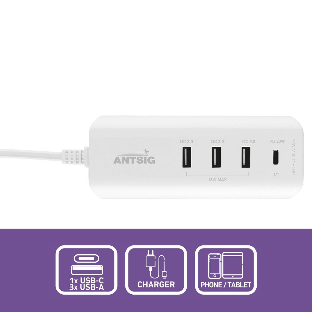 Antsig 20W Compact USB Charger - 4 Ports - 0.9m AC Cable - Portable Charging - SuperSaverAU - view 2