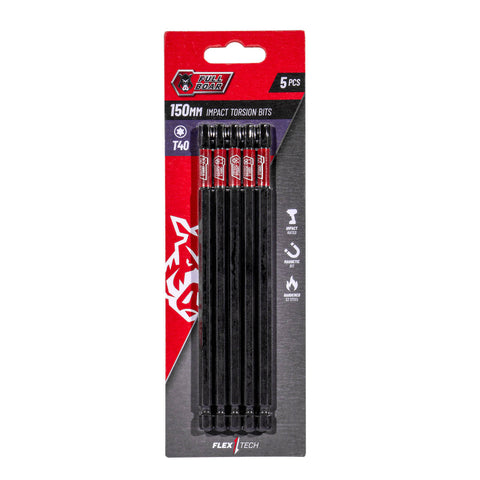Full Boar T40 x 150mm S2 Steel Magnetic Impact Torsion Bit 5 Pack