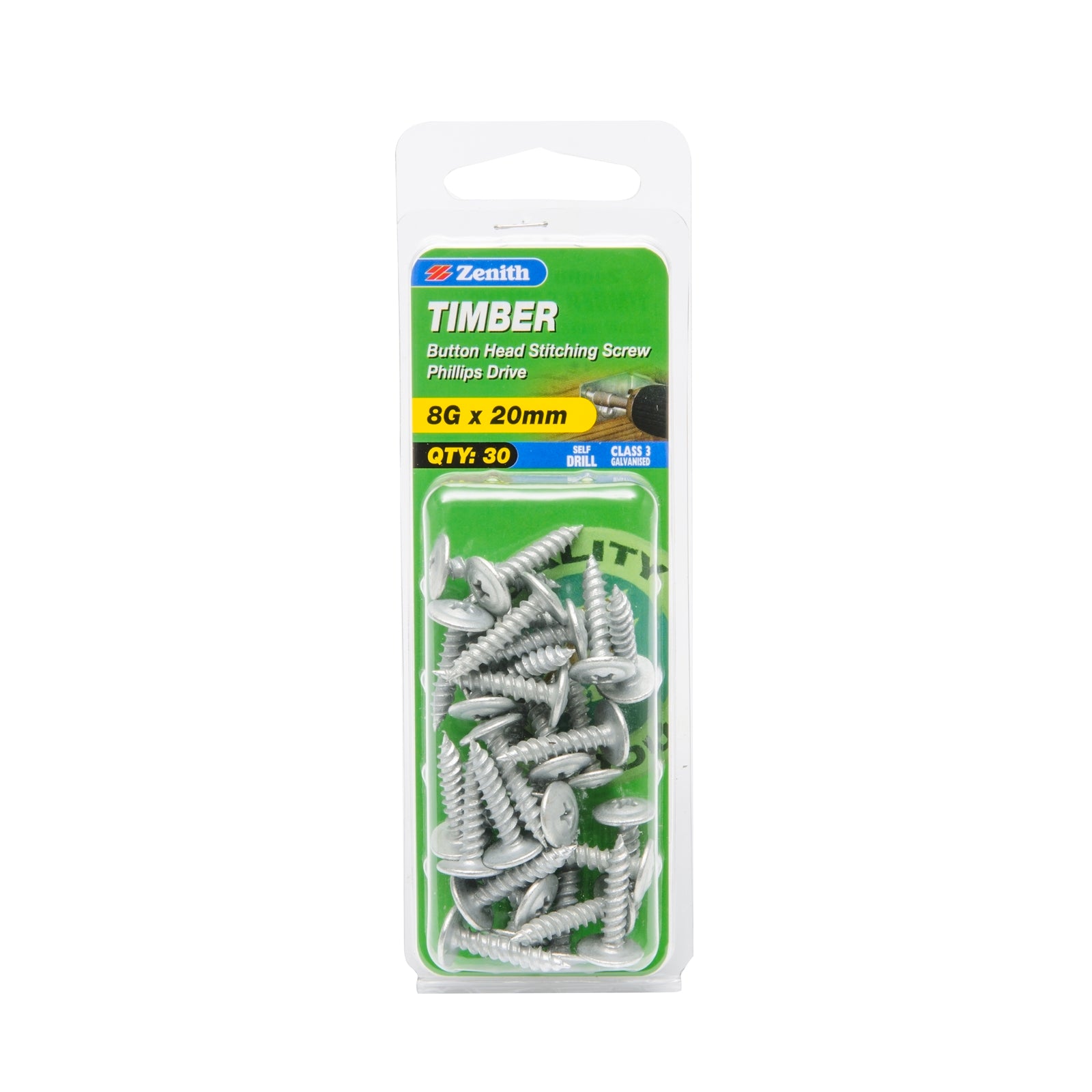 Zenith 8G x 20mm Galvanised Button Head Stitching Timber Screws - 30 Pack