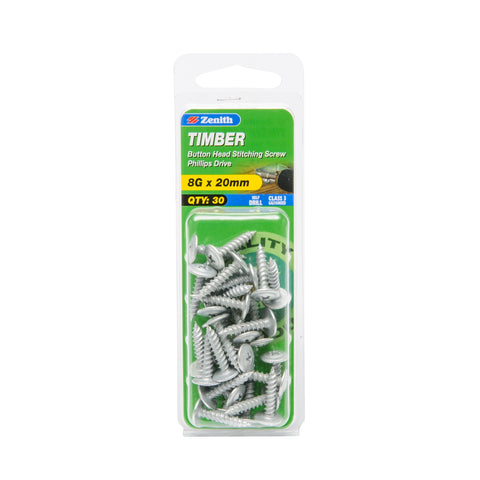 Zenith 8G x 20mm Galvanised Button Head Stitching Timber Screws - 30 Pack