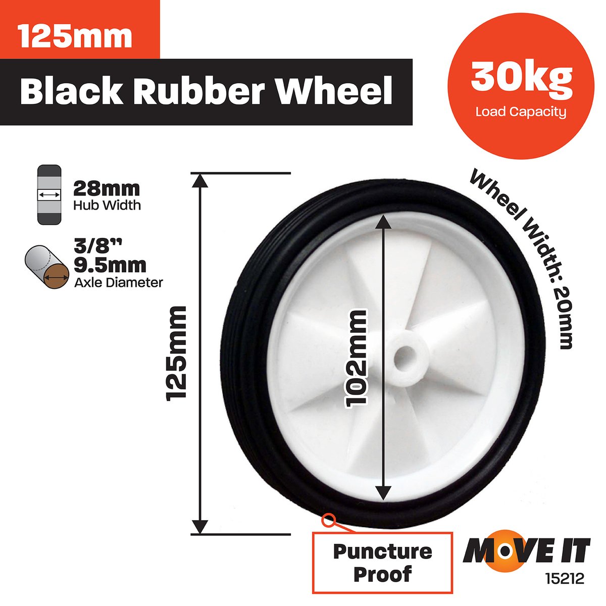 Move It 125mm Rubber Tyre - Black - Plastic Centre - Easy Install - SuperSaverAU - view 2