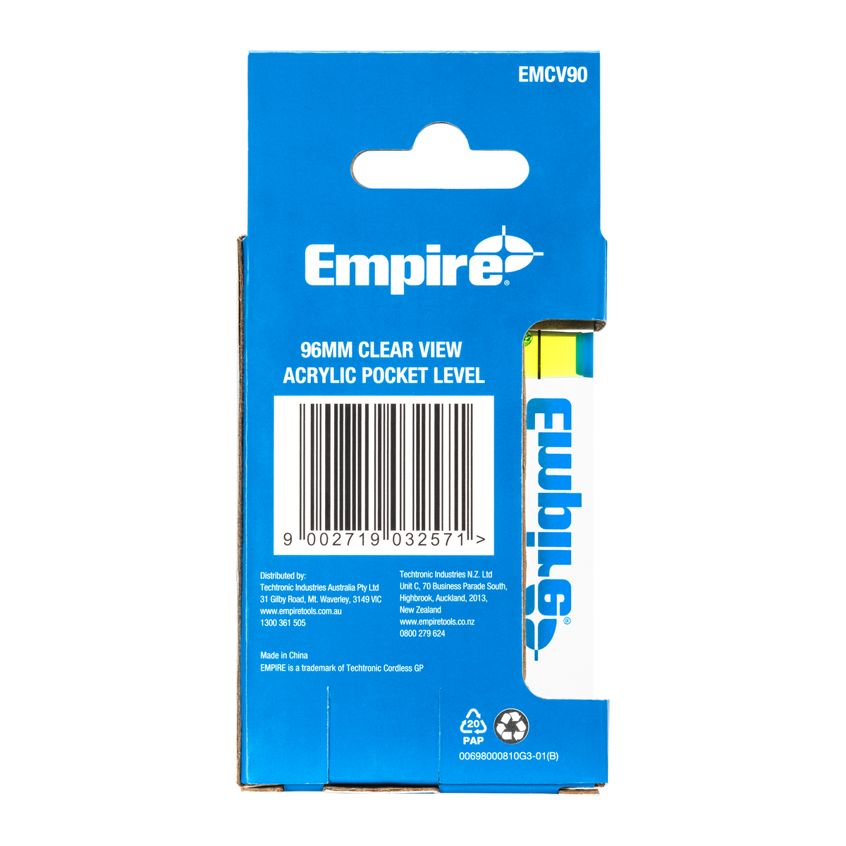 Empire 96mm Clear View Pocket Level, Clear Acrylic, Waterproof, 2 Vial