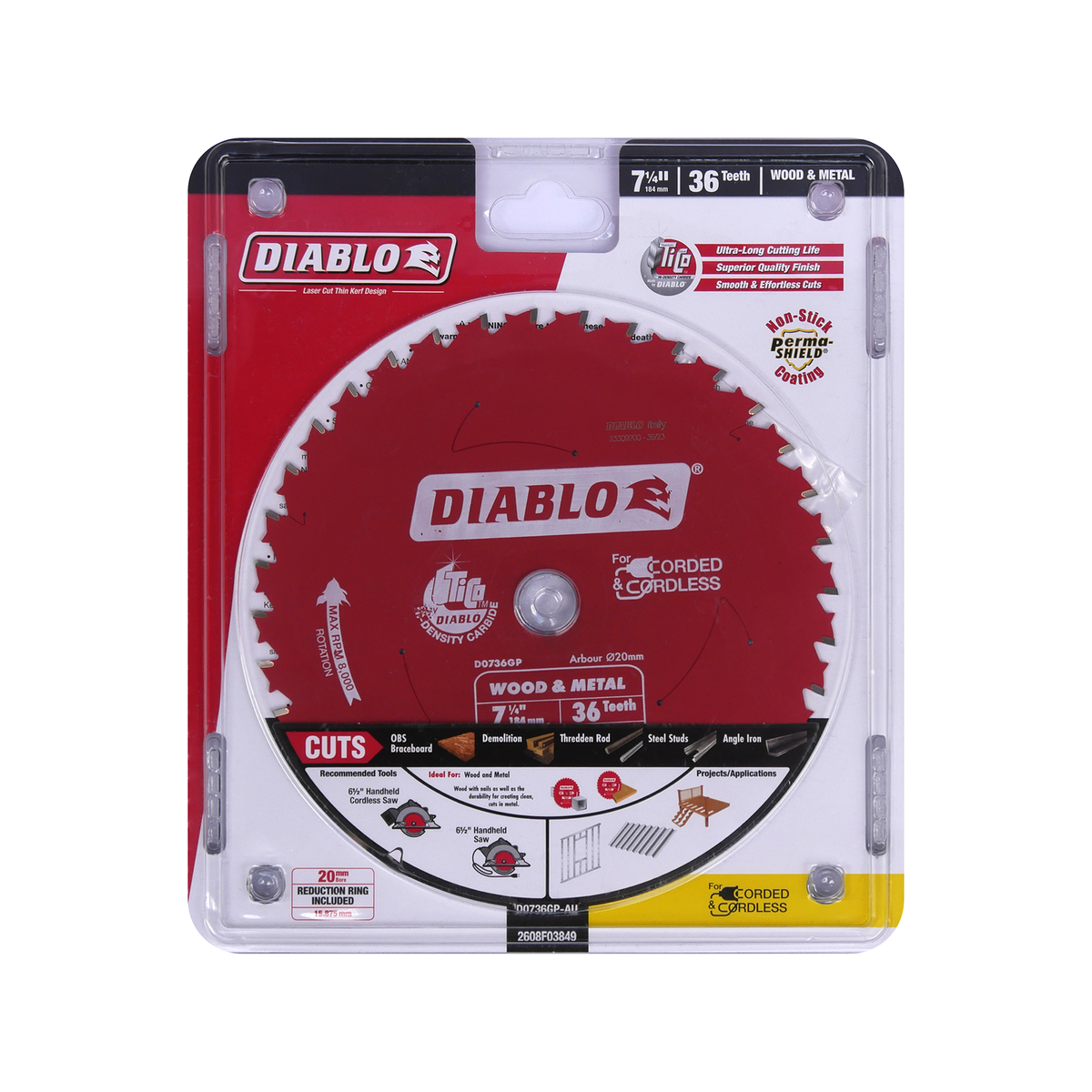 Diablo 184mm 36T Wood and Metal Carbide Saw Blade 20mm Arbor