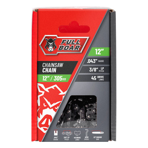 Full Boar 12" / 305mm Chainsaw Chain - 45 Drive Links, 9.53mm Pitch, 0.043 Gauge