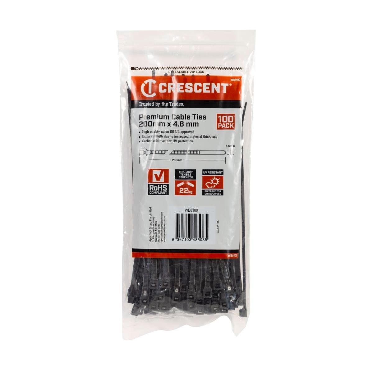 Crescent 200mm x 4.6mm Black UV Resistant Nylon Cable Ties 100 Pack