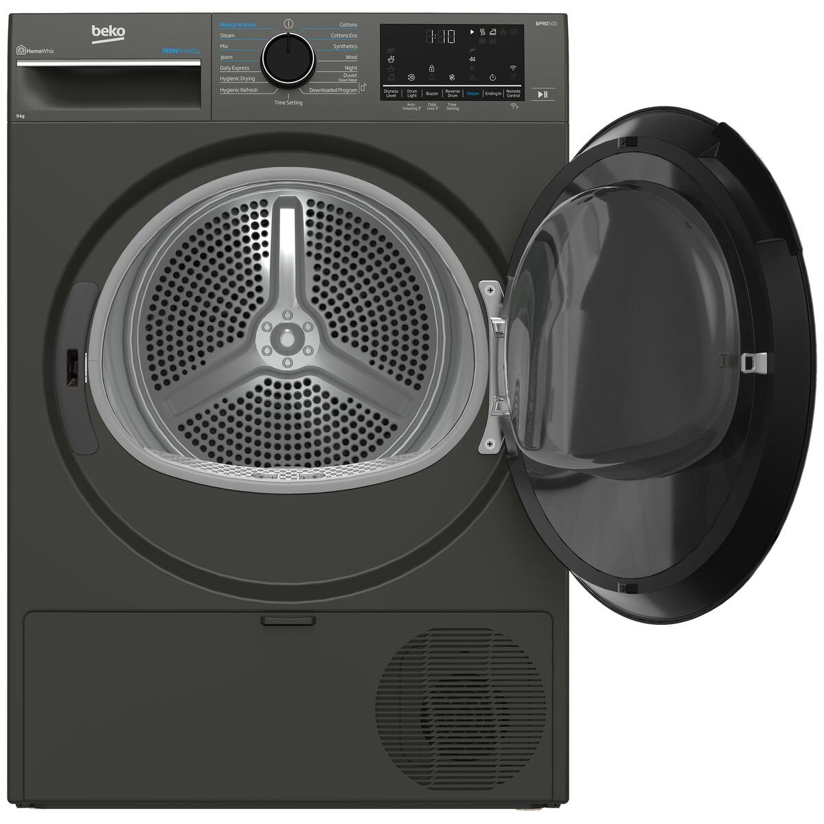 Beko 9kg Heat Pump Dryer - Graphite, Steam Care, Wi-Fi HomeWhiz Control, 9 Star Energy Rating - BDPB903SG