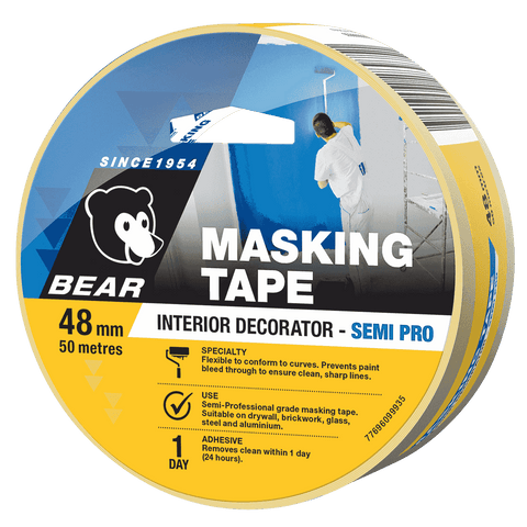 Bear 48mm x 50m Interior Decorator Masking Tape Yellow Crepe Paper UV Resistant