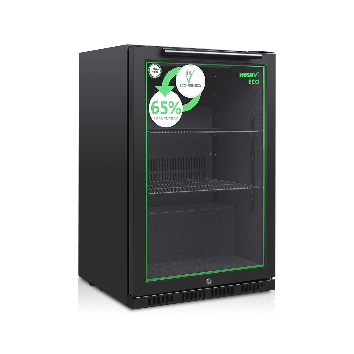 Husky 90L single door homebar drinks chiller - black, glass door, LED eco-lighting - C1HECO840BKAU