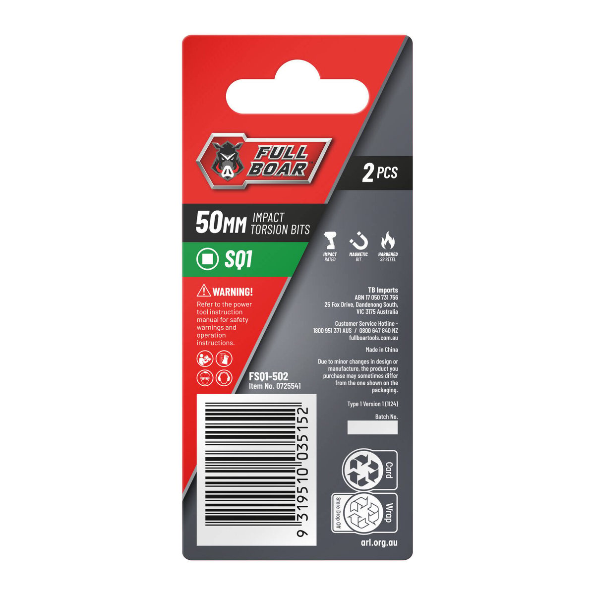 Full Boar SQ1 x 50mm S2 Steel Magnetic Impact Torsion Bits Set 2 Pack