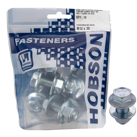 Hobson M12 x 30mm Zinc Plated Mild Steel Hex Flange Purlin Bolt and Nut - 10 Pack