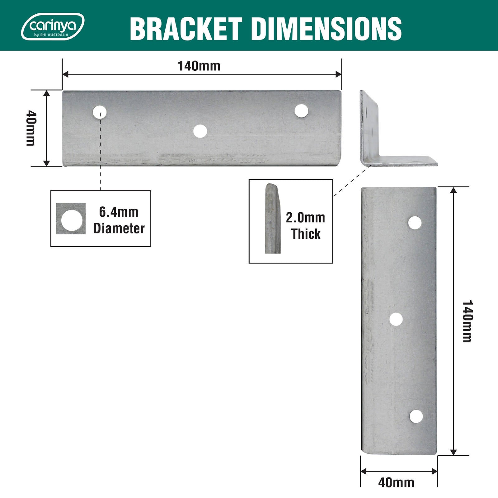 Carinya 140 x 40 x 40 x 2mm Hot Dipped Galvanised Steel Reinforcing Angle Bracket