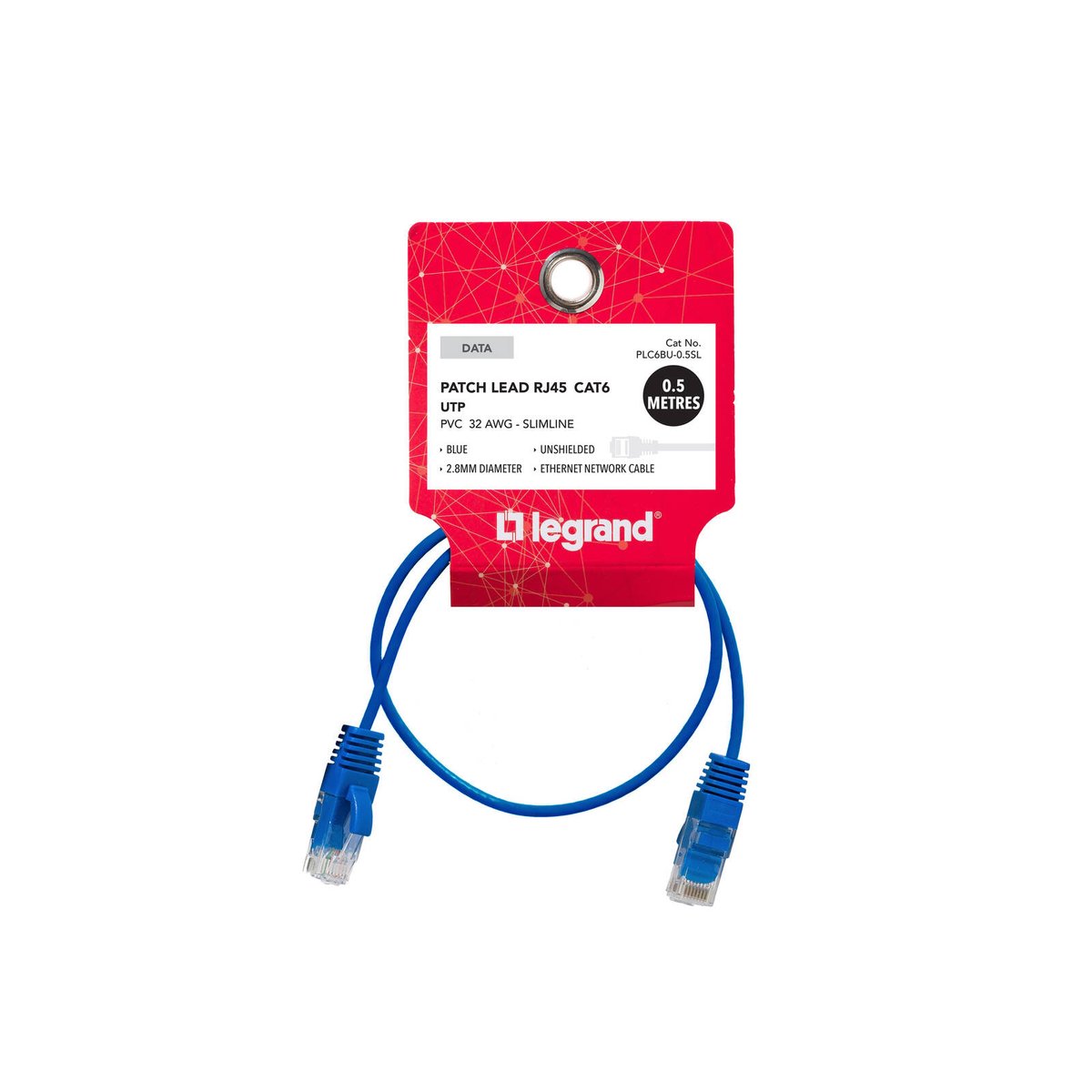 Legrand Cat6 RJ45 UTP Slimline Patch Lead 0.5m Blue Network Cable