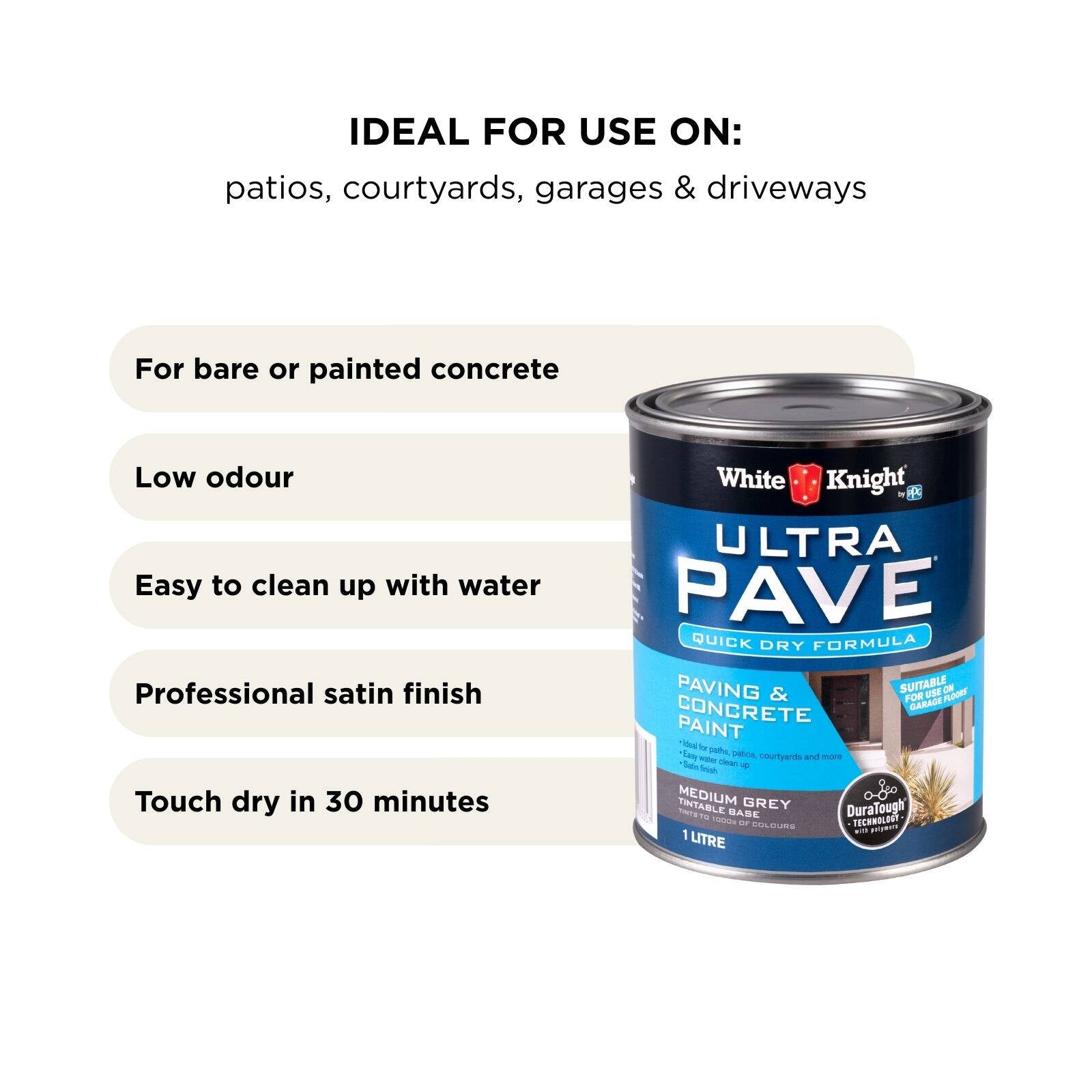 White Knight Ultra Pave 1L Medium Grey Quick Dry Paving & Concrete Paint - Water Based, UV Resistant, Recoat 2hrs