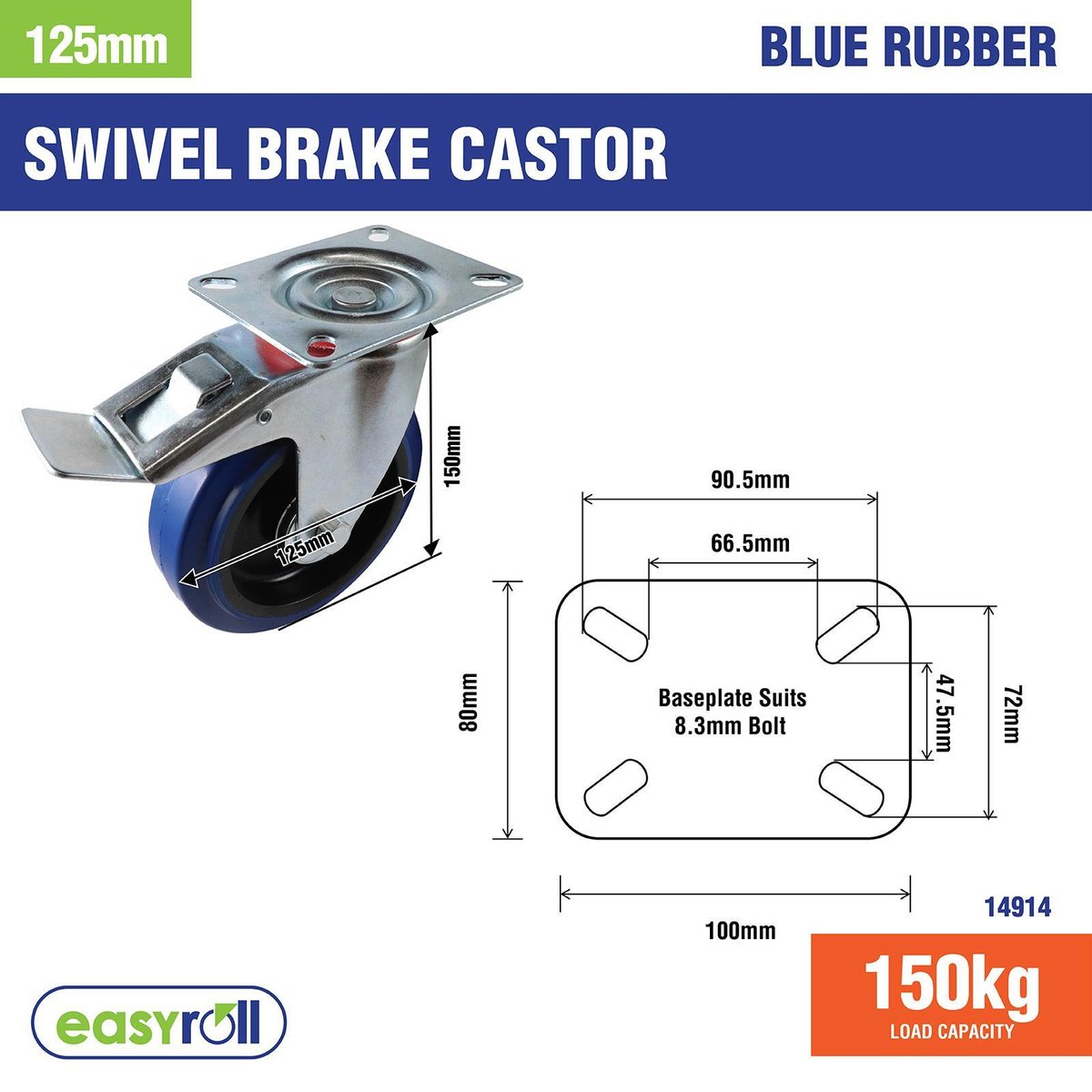 Easyroll 125mm Blue Rubber Swivel Brake Castor 150kg Load Indoor Outdoor
