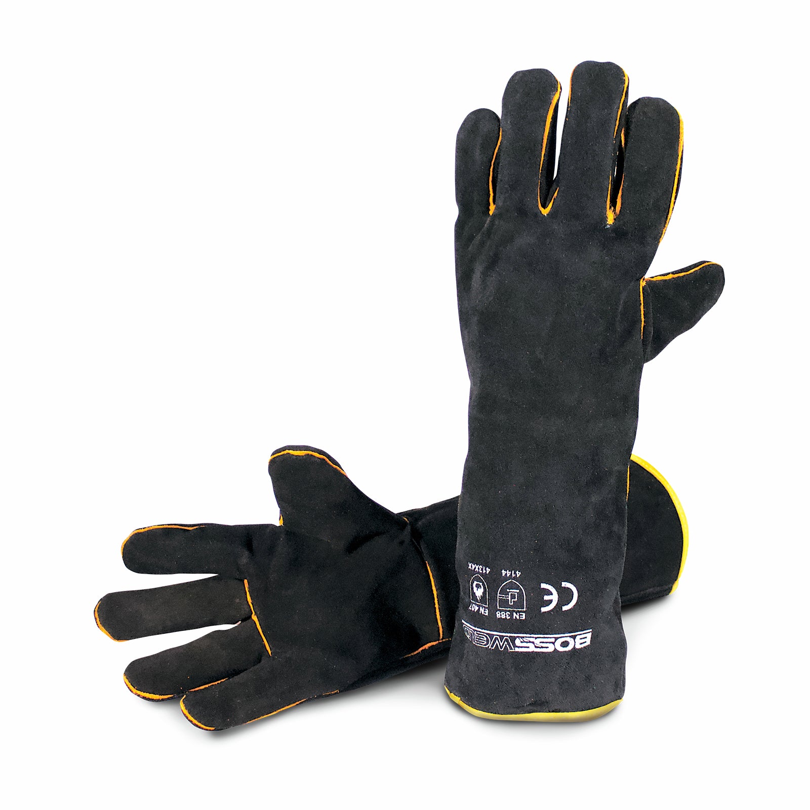 Bossweld 16 Inch Black and Gold Welding Gloves - Lined Split Leather Gauntlet Pair